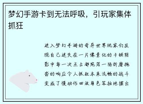 梦幻手游卡到无法呼吸，引玩家集体抓狂