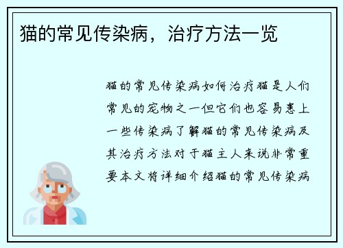 猫的常见传染病，治疗方法一览