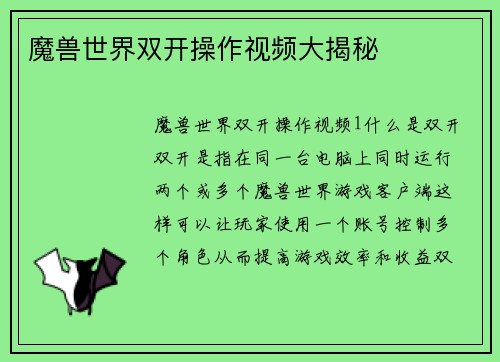 魔兽世界双开操作视频大揭秘